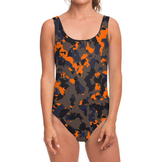 Black And Orange Camouflage Print One Piece Swimsuit