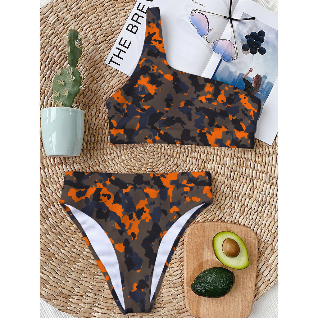 Black And Orange Camouflage Print One Shoulder Bikini Top