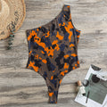 Black And Orange Camouflage Print One Shoulder Bodysuit