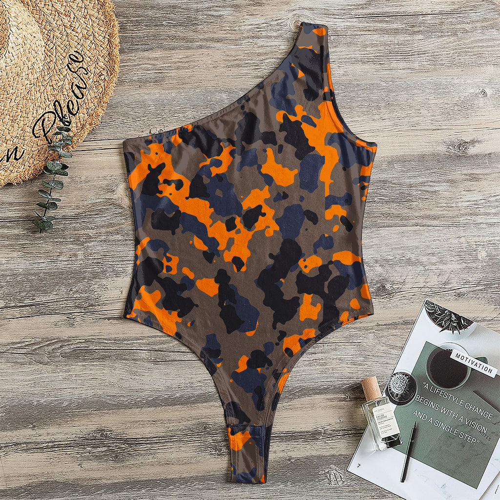 Black And Orange Camouflage Print One Shoulder Bodysuit