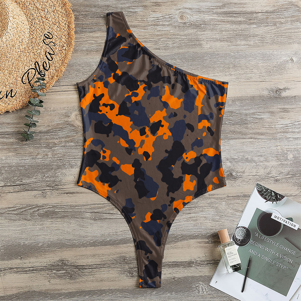 Black And Orange Camouflage Print One Shoulder Bodysuit