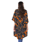 Black And Orange Camouflage Print Open Front Beach Cover Up