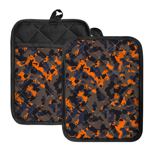 Black And Orange Camouflage Print Pot Holders With Pocket