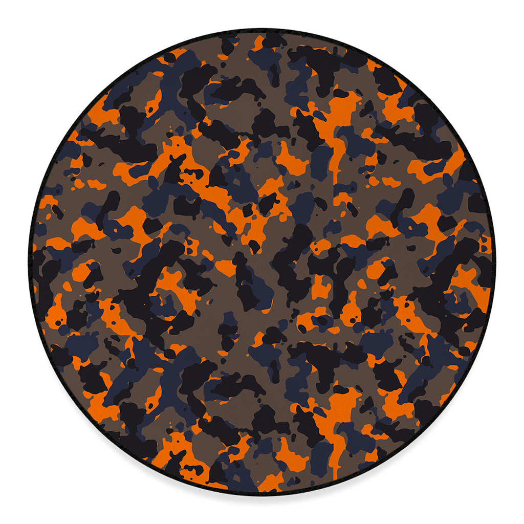 Black And Orange Camouflage Print Round Floor Mat