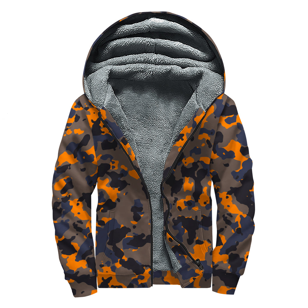 Black And Orange Camouflage Print Sherpa Lined Zip Up Hoodie