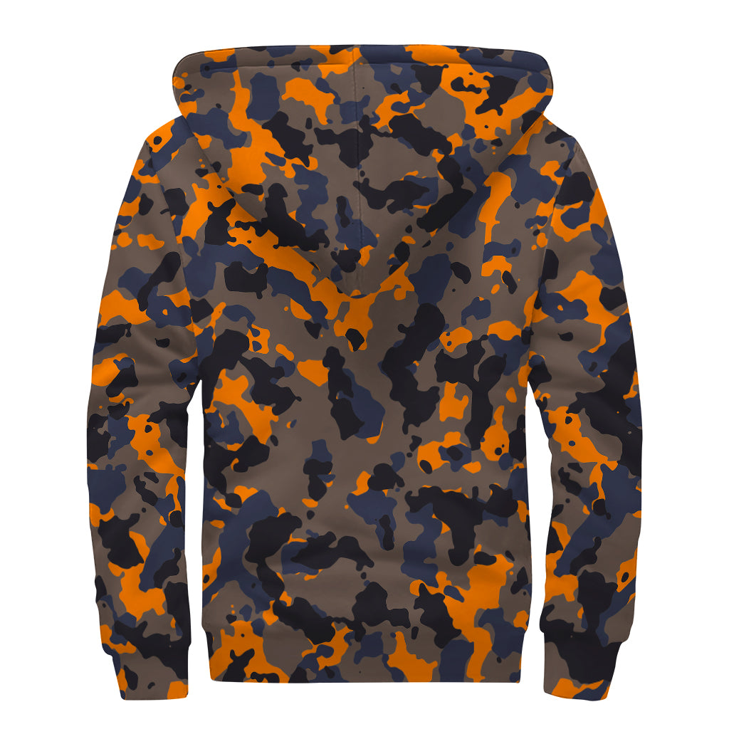 Black And Orange Camouflage Print Sherpa Lined Zip Up Hoodie