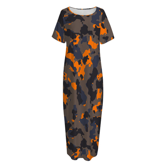Black And Orange Camouflage Print Short Sleeve Long Nightdress