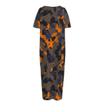 Black And Orange Camouflage Print Short Sleeve Long Nightdress