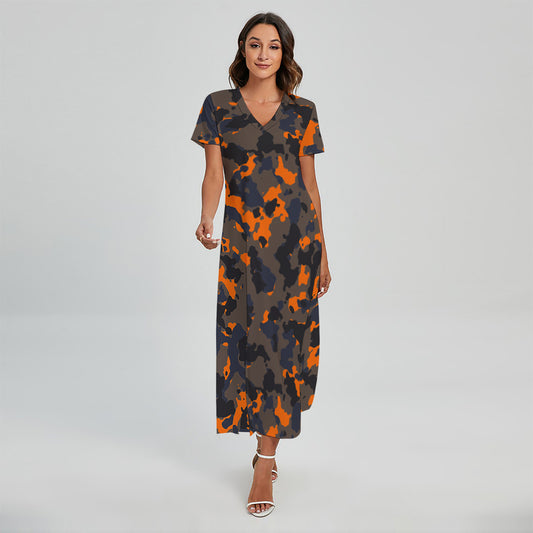 Black And Orange Camouflage Print Short Sleeve Maxi Dress