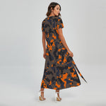 Black And Orange Camouflage Print Short Sleeve Maxi Dress