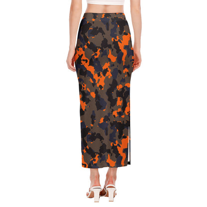 Black And Orange Camouflage Print Side Slit Maxi Skirt