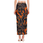 Black And Orange Camouflage Print Side Slit Maxi Skirt