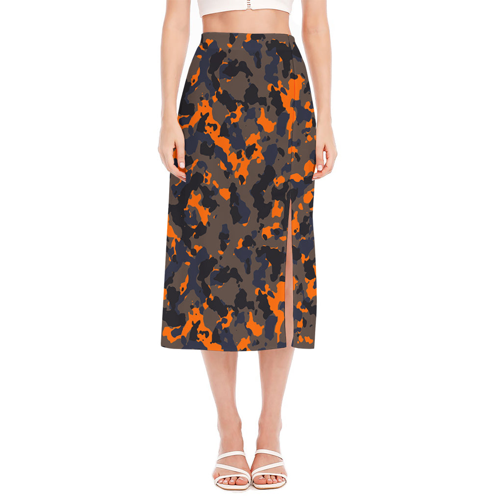 Black And Orange Camouflage Print Side Slit Midi Skirt