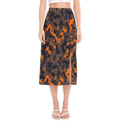 Black And Orange Camouflage Print Side Slit Midi Skirt