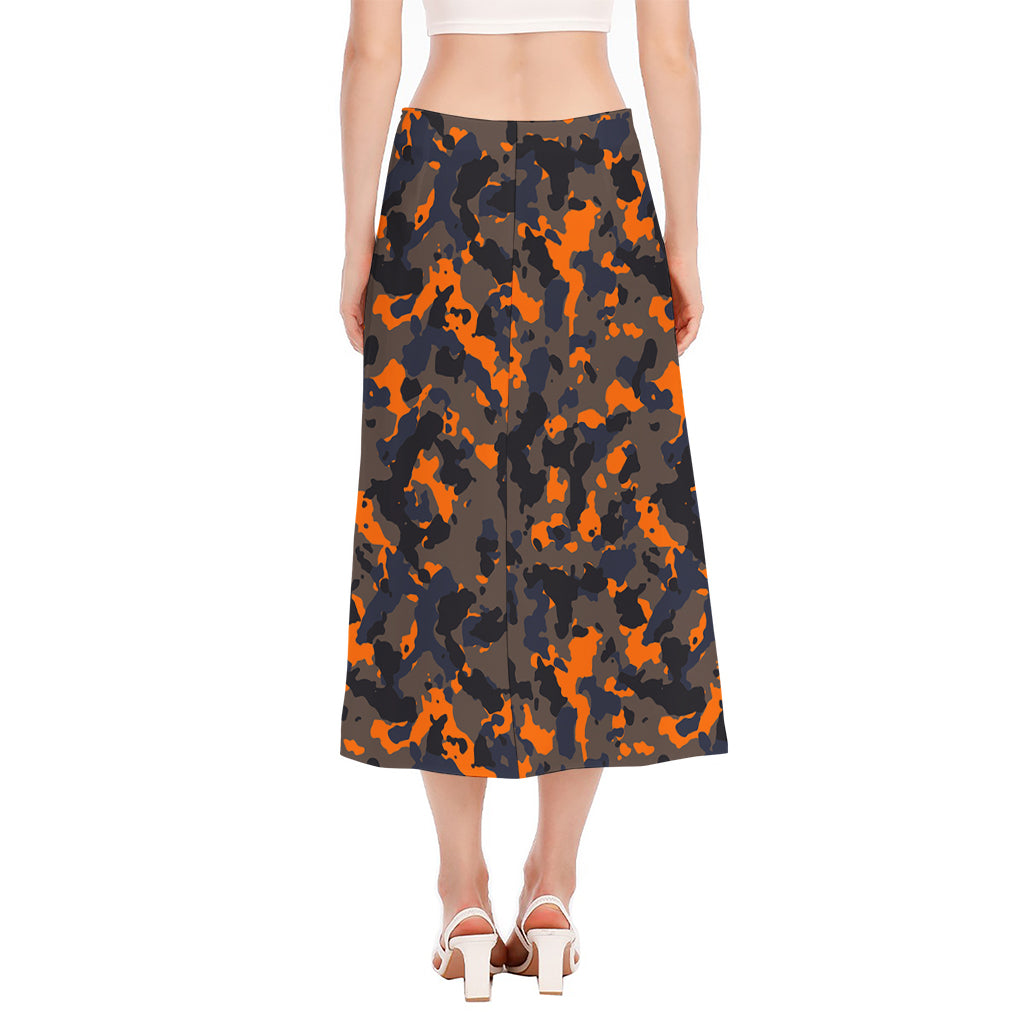 Black And Orange Camouflage Print Side Slit Midi Skirt