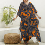 Black And Orange Camouflage Print Silk V-Neck Kaftan Dress