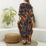 Black And Orange Camouflage Print Silk V-Neck Kaftan Dress