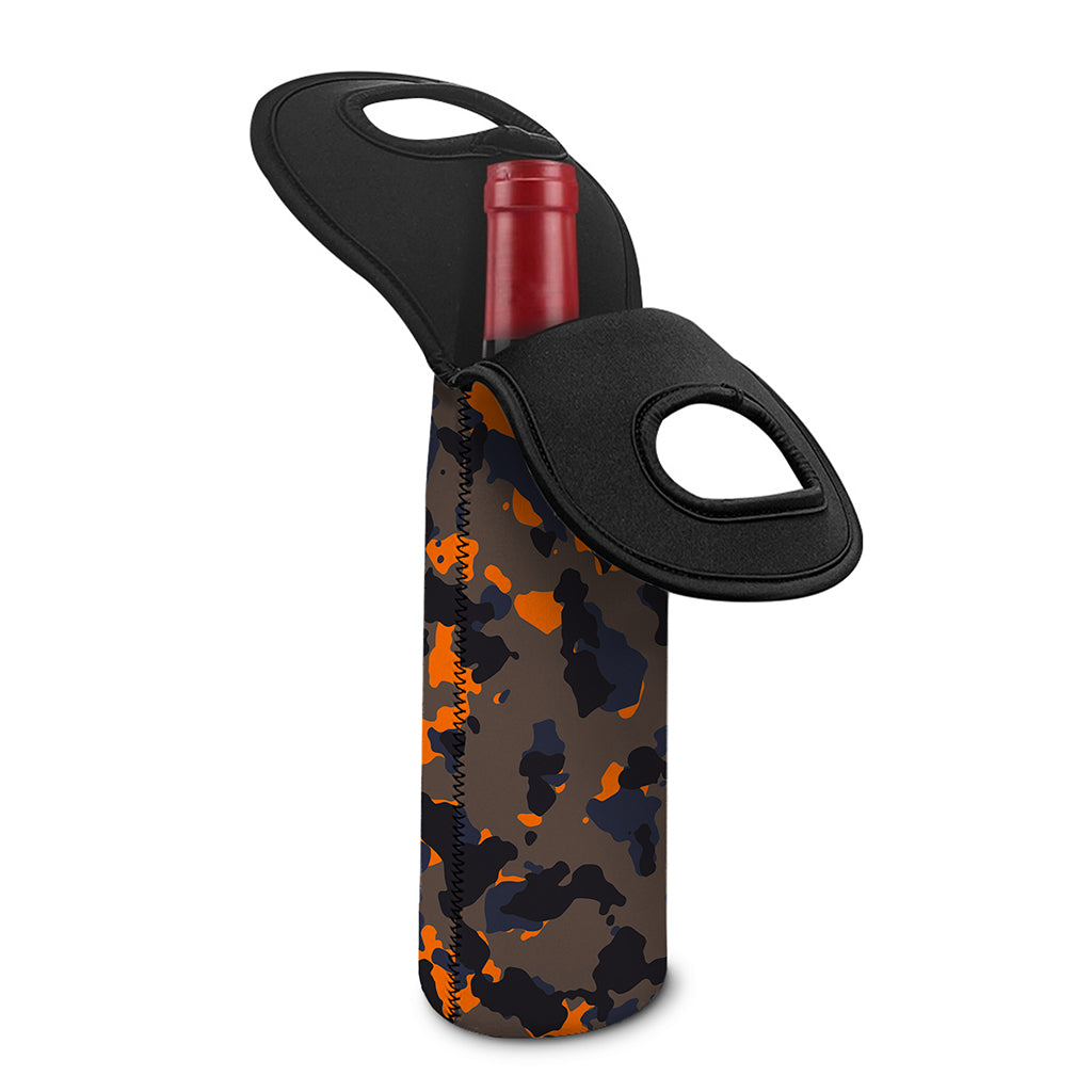 Black And Orange Camouflage Print Single Neoprene Wine Tote