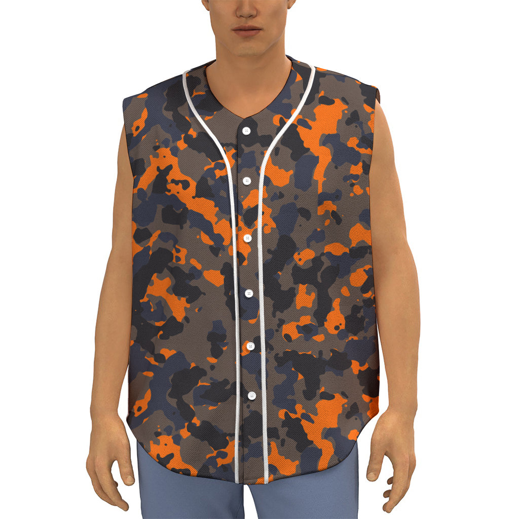 Black And Orange Camouflage Print Sleeveless Baseball Jersey