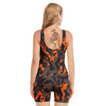 Black And Orange Camouflage Print Sleeveless One Piece Swimsuit