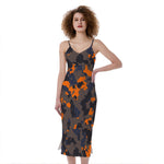 Black And Orange Camouflage Print Slim Fit Midi Cami Dress