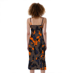 Black And Orange Camouflage Print Slim Fit Midi Cami Dress