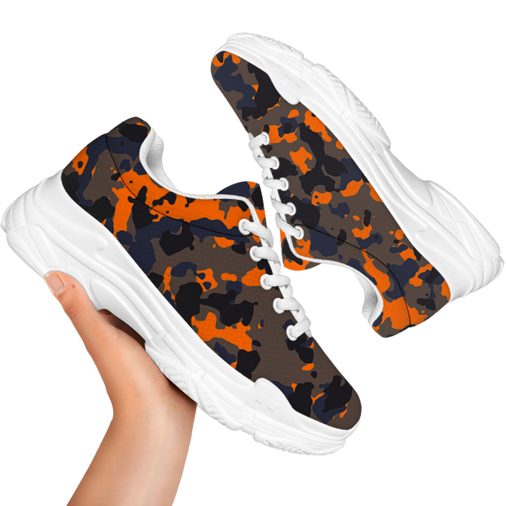 Black And Orange Camouflage Print White Chunky Shoes