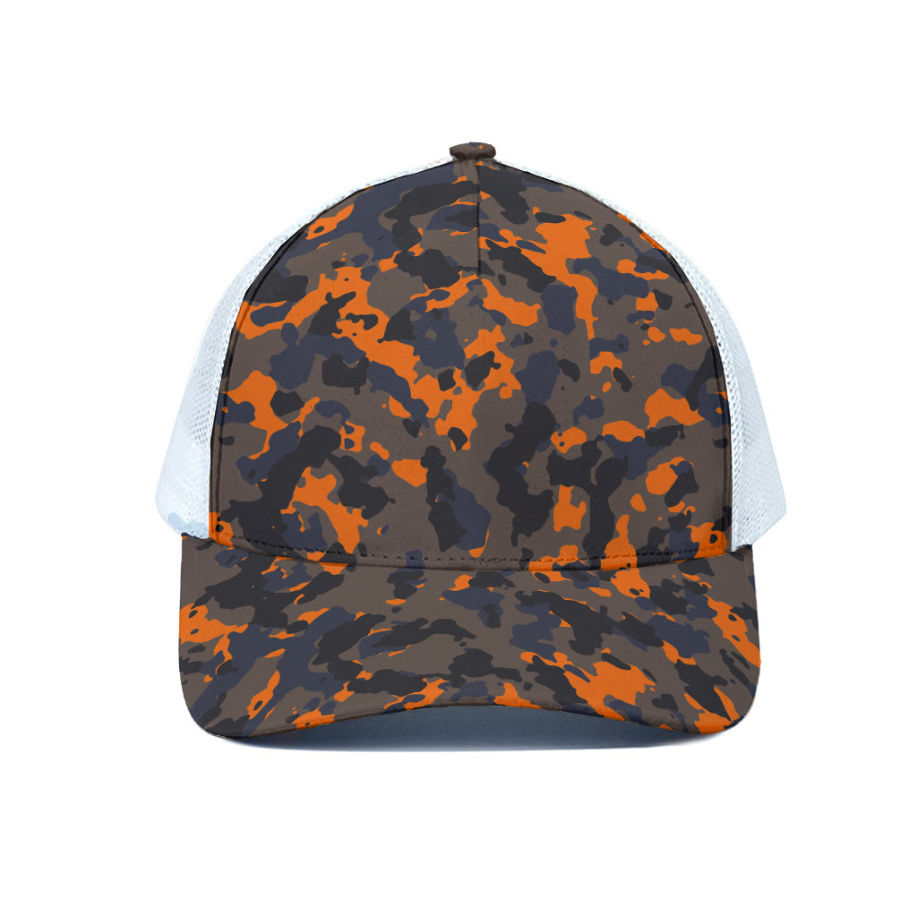 Black And Orange Camouflage Print White Mesh Trucker Cap