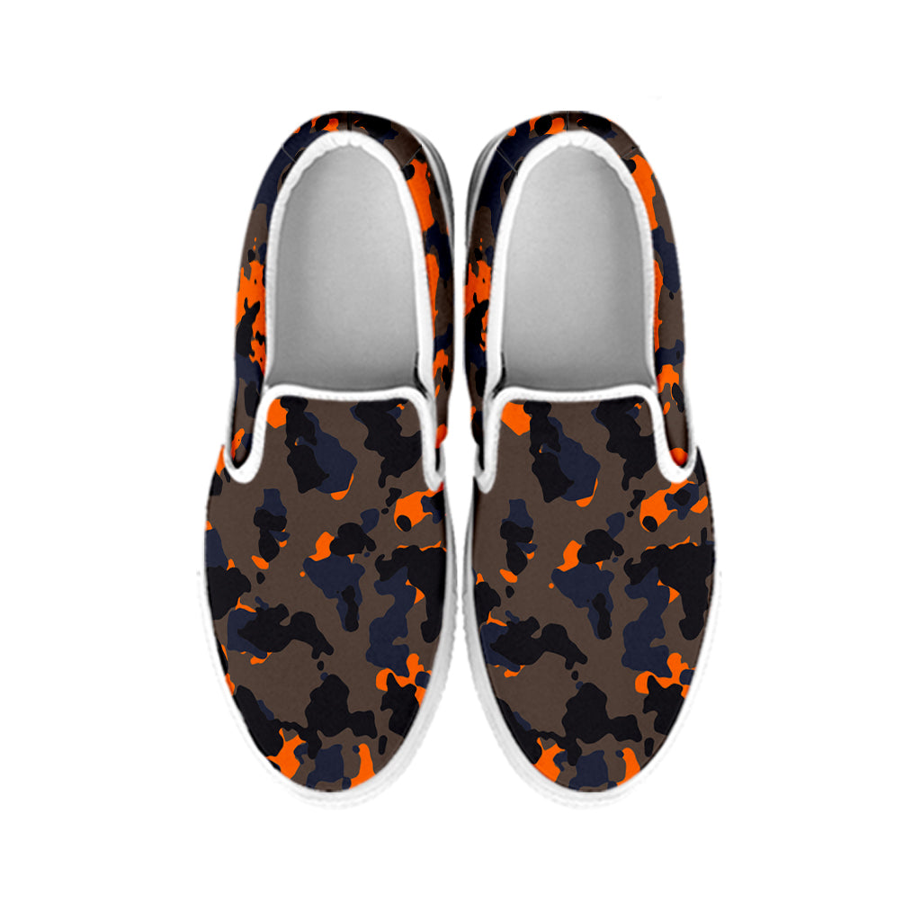 Black And Orange Camouflage Print White Slip On Sneakers