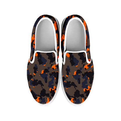 Black And Orange Camouflage Print White Slip On Sneakers