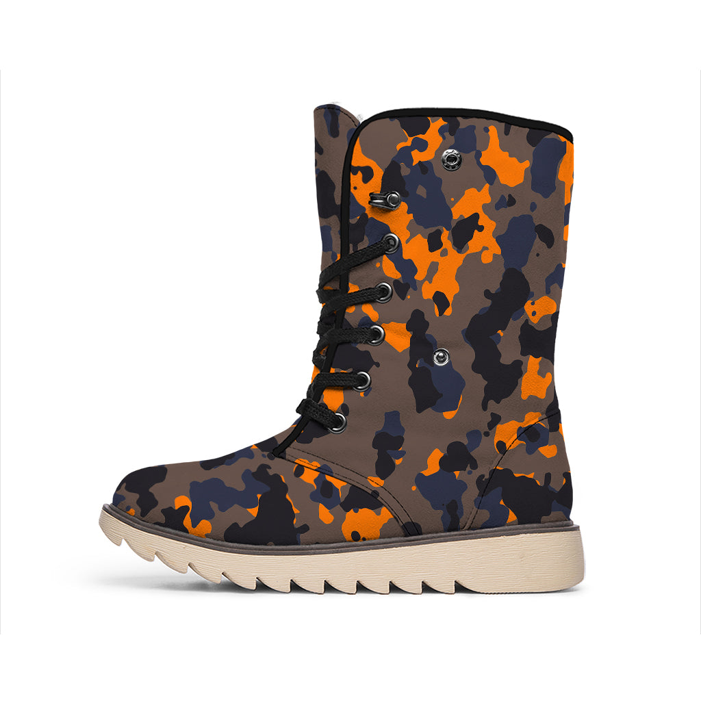 Black And Orange Camouflage Print Winter Boots