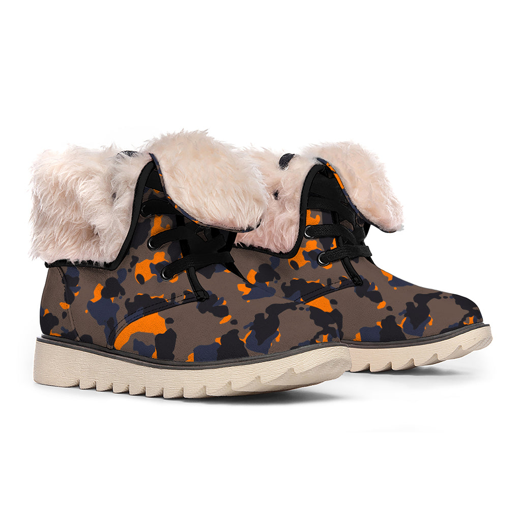 Black And Orange Camouflage Print Winter Boots