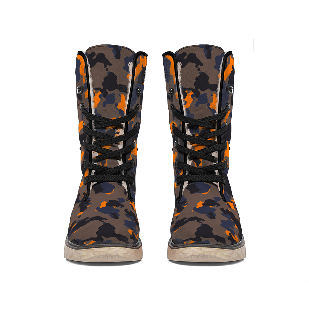 Black And Orange Camouflage Print Winter Boots