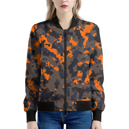 Black And Orange Camouflage Print Women's Bomber Jacket