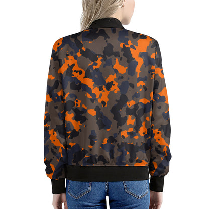 Black And Orange Camouflage Print Women's Bomber Jacket