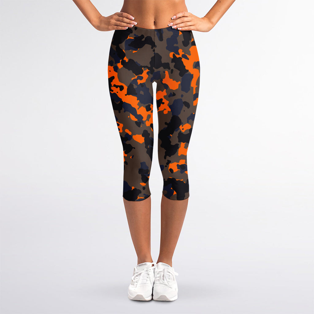 Black And Orange Camouflage Print Women's Capri Leggings