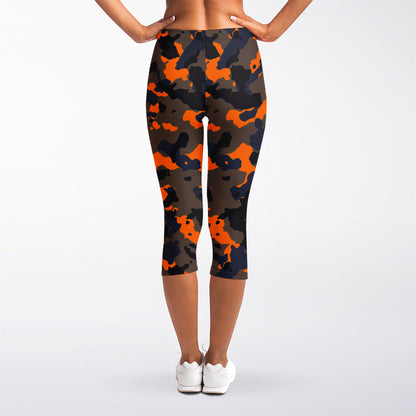Black And Orange Camouflage Print Women's Capri Leggings