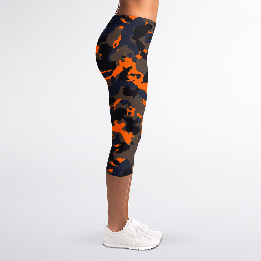 Black And Orange Camouflage Print Women's Capri Leggings