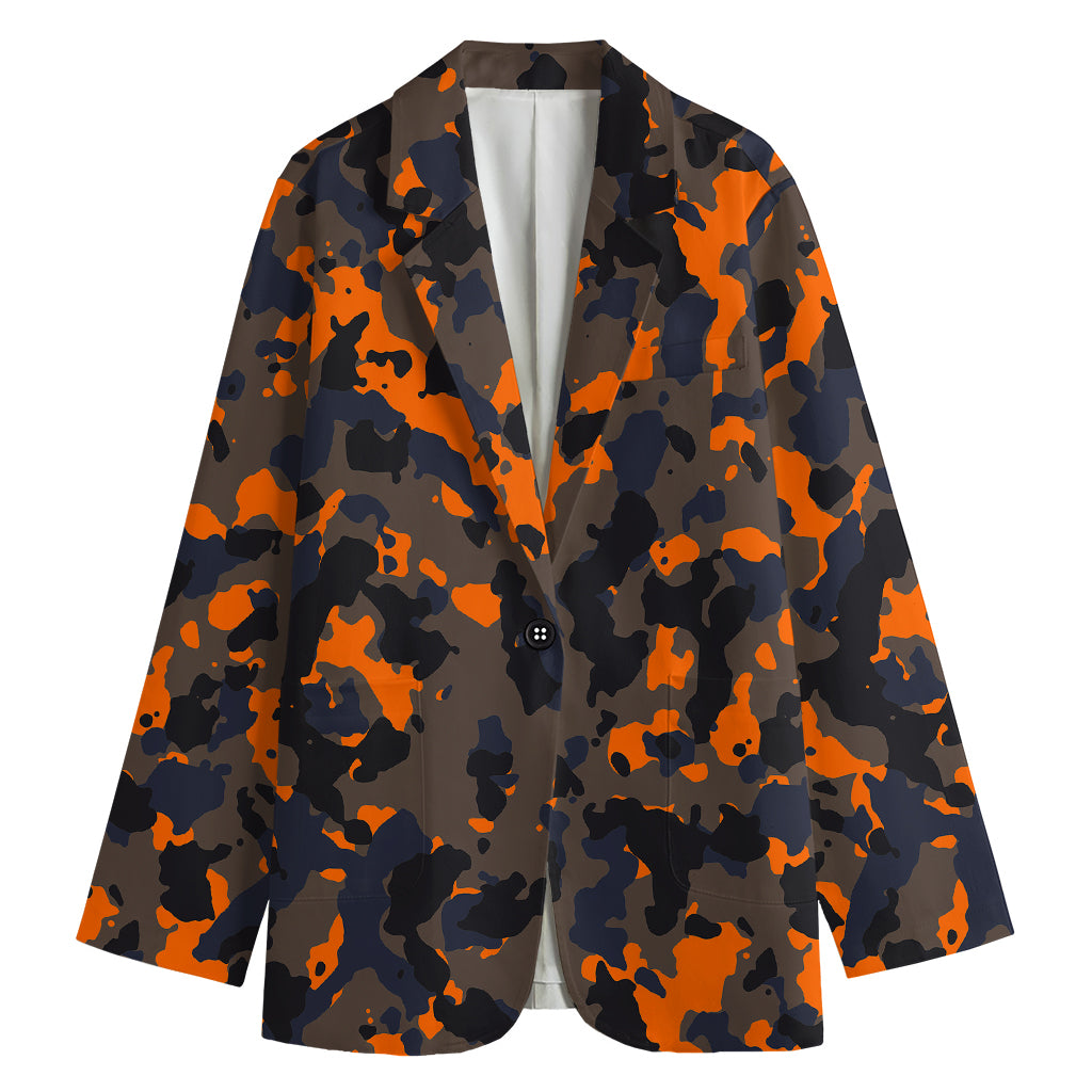 Black And Orange Camouflage Print Women's Cotton Blazer