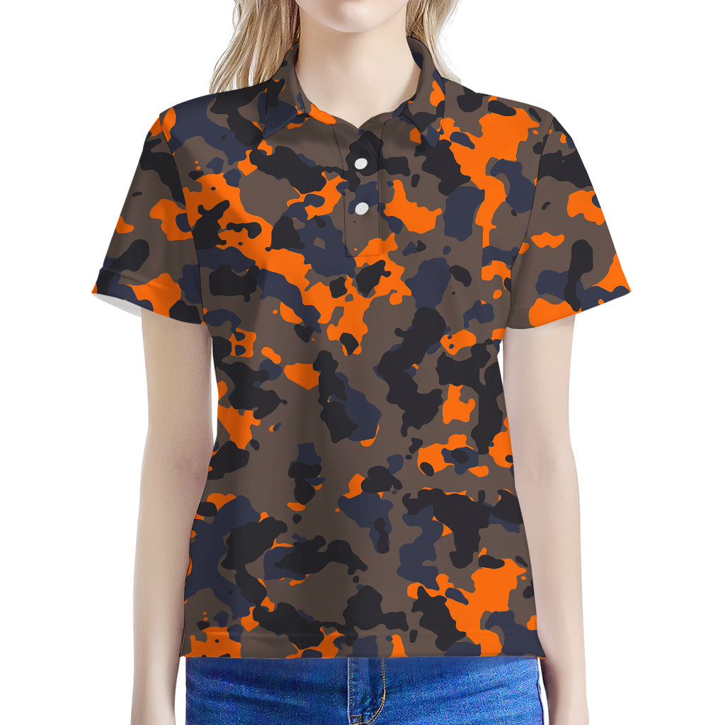 Black And Orange Camouflage Print Women's Polo Shirt