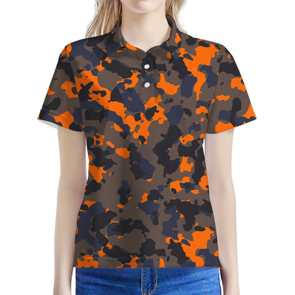 Black And Orange Camouflage Print Women's Polo Shirt