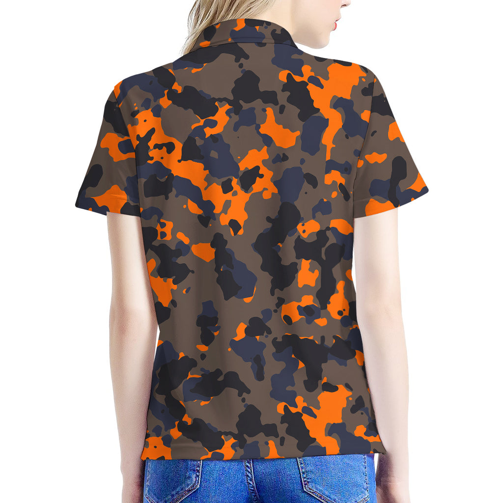 Black And Orange Camouflage Print Women's Polo Shirt