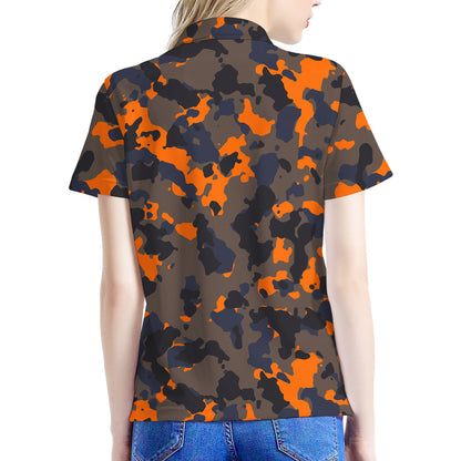 Black And Orange Camouflage Print Women's Polo Shirt