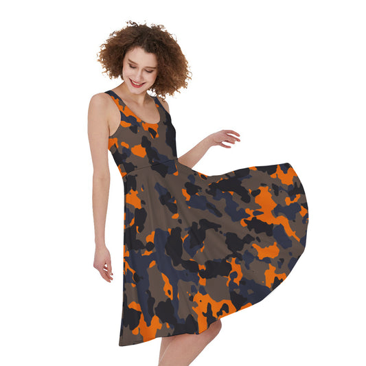 Black And Orange Camouflage Print Women's Sleeveless Dress