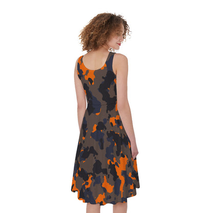 Black And Orange Camouflage Print Women's Sleeveless Dress