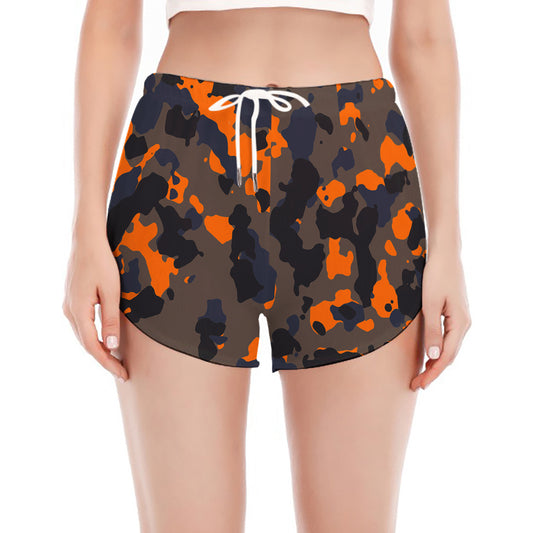 Black And Orange Camouflage Print Women's Split Running Shorts