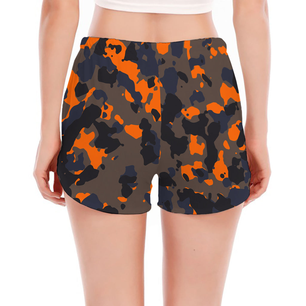 Black And Orange Camouflage Print Women's Split Running Shorts