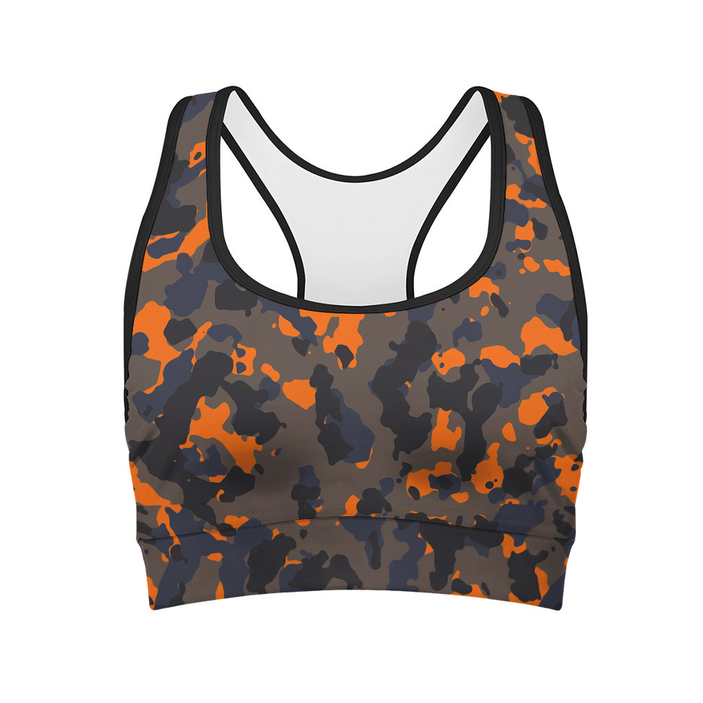 Black And Orange Camouflage Print Women's Sports Bra