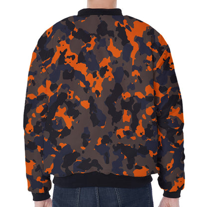 Black And Orange Camouflage Print Zip Sleeve Bomber Jacket