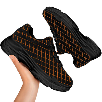 Black And Orange Harlequin Print Black Chunky Shoes